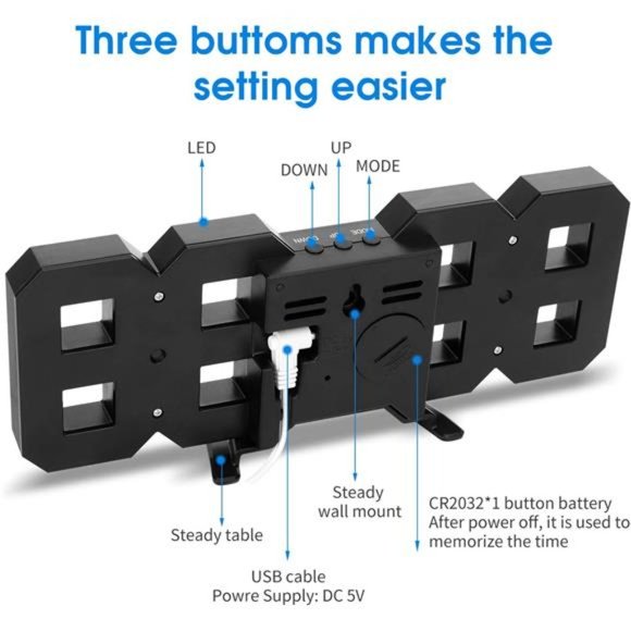 3D LED Wall Clock,8.4" Digital Wall Clock,LED Clock with 3 Adjustable Brightness - Picture 2 of 7